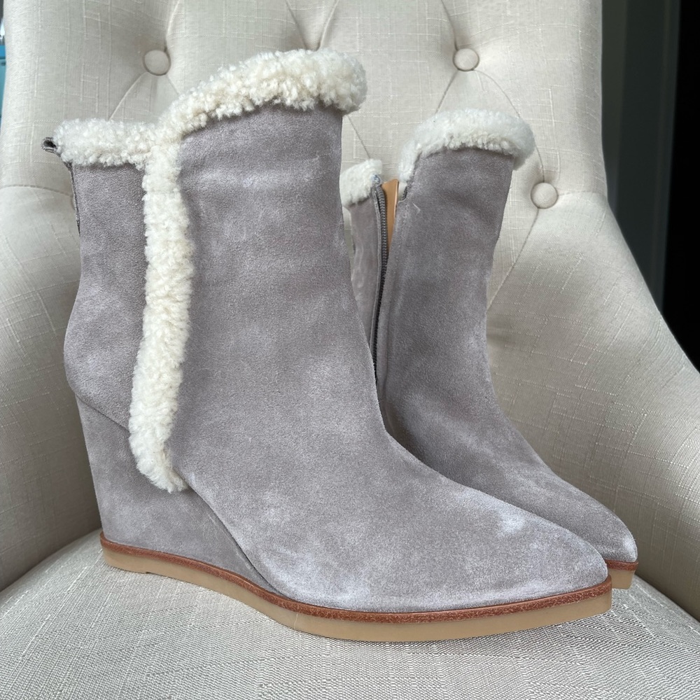 Marc Fisher Fur Trimmed Gray Suede Wedge Heeled Ankle Booty